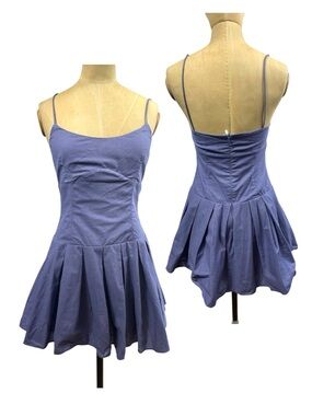 Sabo Skirt Linen Blend Dress XS 2 Blue Pleated Purple Drop Waist Australia Coast